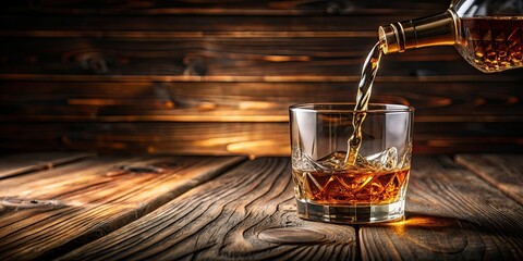 Canvas Print - Whiskey being poured into a classy cup on a wooden table, whiskey, drink, alcohol, beverage, glass, liquor