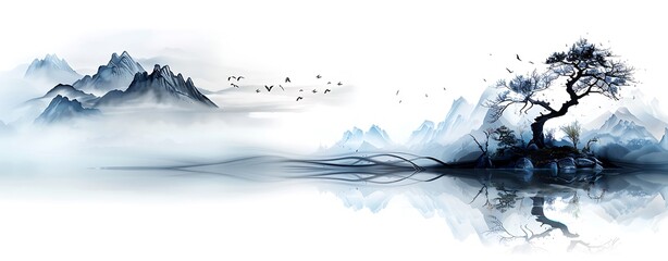 Wall Mural - illustration of a serene ink paint gallery, with calming and soothing ink paintings in various shade