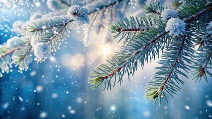 Poster - Snowflakes falling gently on a frosty pine tree branch, winter, snowfall, beauty, serenity, nature, cold, tranquility