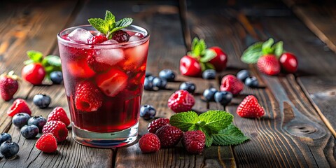 Sticker - Refreshing berry juice in a glass with ice , Berry, juice, ice, drink, glass, refreshing, red, strawberry, blueberry, raspberry