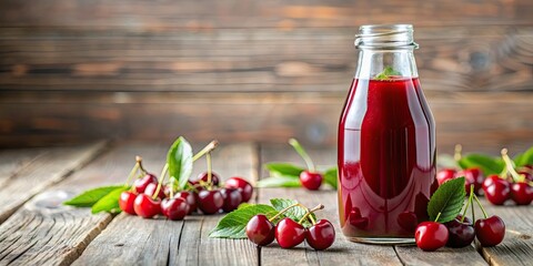 Wall Mural - Refreshing cherry juice in glass bottle, cherry, juice, drink, glass bottle, red, fruit, refreshing, beverage, organic, natural, sweet