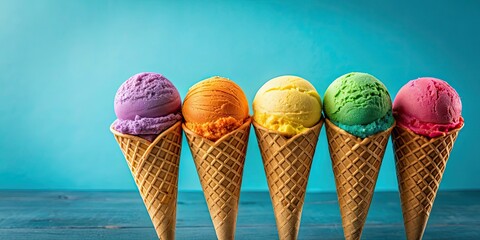 Canvas Print - Colorful ice cream cone with multiple flavored scoops , ice cream, cone, dessert, sweet, treat, colorful, multi-color