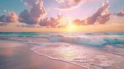 Sticker - Deserted beach at sunset with colorful sky and crashing waves