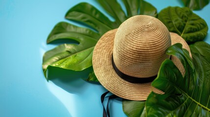 Woman s hat and green leaf on blue background suggesting seaside leisure