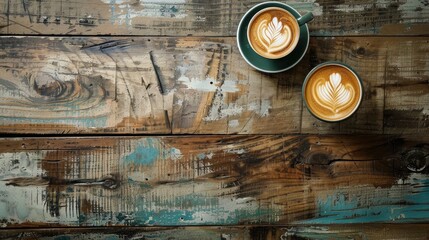 Wall Mural - Coffee on rustic wooden surface