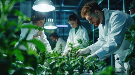 Poster - Researchers use digital tools in a green biotech lab for scientific experiments, collaboration, and innovation AIG62
