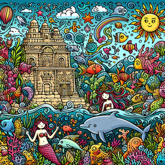  Doodle art cartoon of an underwater world with colorful fish and mermaids