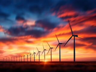 A row of wind turbines are lined up in a field, with the sun setting in the background. Concept of energy and progress, as the turbines harness the power of the wind to generate electricity