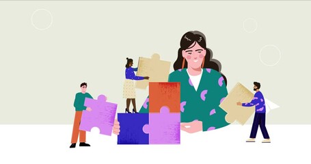 Poster - Business teamwork. Moving banner with happy woman entrepreneur and team of office employees holding puzzle pieces. Communication and collaboration. Cartoon style graphic animated video clip