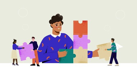 Poster - Business teamwork. Collaboration, cooperation and partnership. Moving banner with happy male entrepreneur and team of office workers holding puzzle pieces. Cartoon style graphic animated video clip