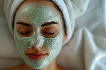 Woman receiving a refreshing spa treatment, complete with a face peeling mask