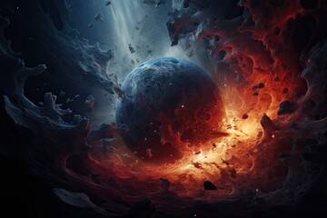 Aufkleber - a planet in the middle of a dark space, background representing the concept of entropy in thermodynamics