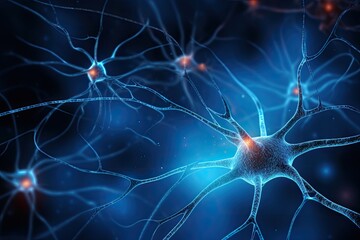 Poster - a close up of a blue neurons brain, neuron network background symbolizing brain activity
