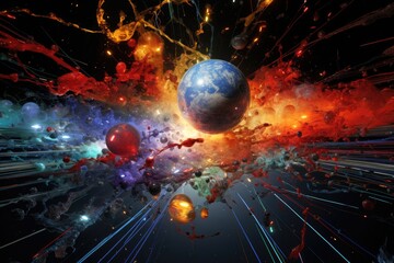 Fototapete - a space scene with a planet and a bunch of stars, particle collision illustration in high-energy experiment