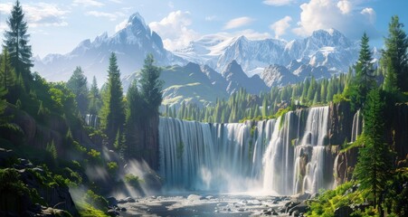 Wall Mural - Breathtaking Mountain Waterfall Landscape. Serene Nature Scene with Lush Forest, Cascading Water, and Majestic Peaks