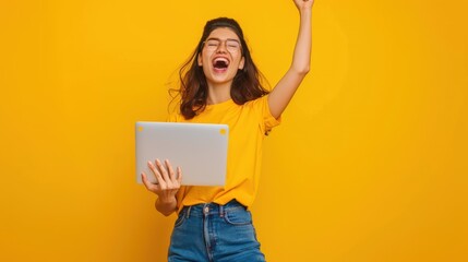 Canvas Print - The joyful woman with laptop