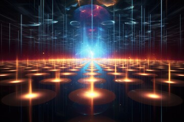 Poster - a futuristic space station with a large star in the middle, representation of the photoelectric effect unveiling quantum phenomena