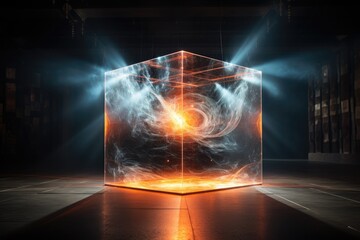 Poster - a futuristic space station with a large star in the middle, representation of the photoelectric effect unveiling quantum phenomena
