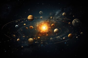 Poster - a space scene with planets and stars, solar system illustration with planets as elemental symbols