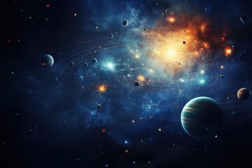 Poster - a space scene with planets and stars, solar system illustration with planets as elemental symbols