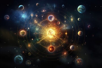 Poster - a space scene with planets and stars, solar system illustration with planets as elemental symbols