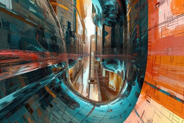 Poster - a city with tall buildings and a sky background, surreal abstract cityscape with distorted and bending architecture