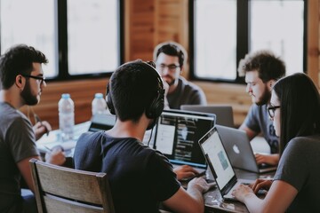 Wall Mural - two people sitting at a table with laptops, team of translators working collaboratively, ensuring accurate and nuanced communication