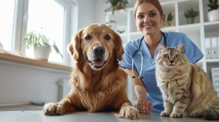 Wall Mural - The vet with dog and cat