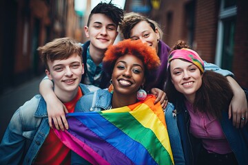 Poster - a group of young people standing together holding a rainbow flag, vibrant LGBTQ youth group fostering connection