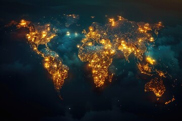 Poster - a map of the world at night, world map illuminated, showcasing the global reach of social justice initiatives