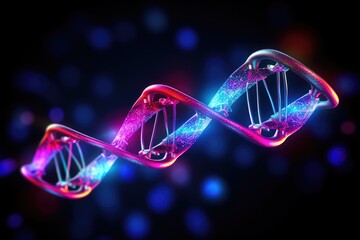 Poster - a glowing dna structure in the dark, DNhelix rendered in neon colors, pulsating with life