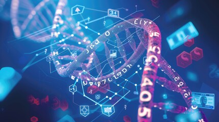 Poster - a dna model with a blue background, DNstrand entwined with currency symbols, showcasing the interconnectedness of global markets