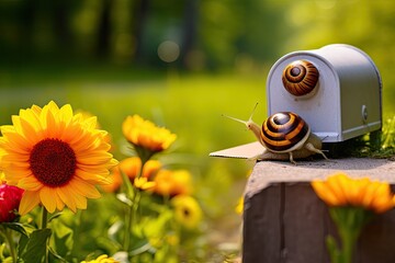 a mailbox with a bunch of flowers in the background, Snail mail delivered by ladybug, mailbox blooming sunflower