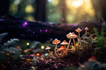 Poster - mushrooms in the forest with the sun shining through the trees, treehouse amongst an enchanted forest whimsical lifestyle
