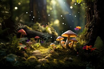 Poster - mushrooms in the forest with the sun shining through the trees, treehouse amongst an enchanted forest whimsical lifestyle