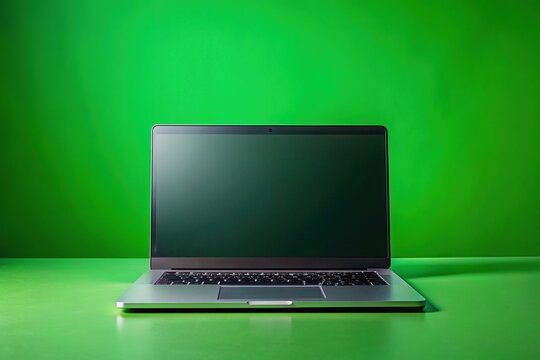 Modern laptop placed on a vibrant green studio background, screen is black, showcasing a sleek and minimalist design, ideal for digital product presentations.