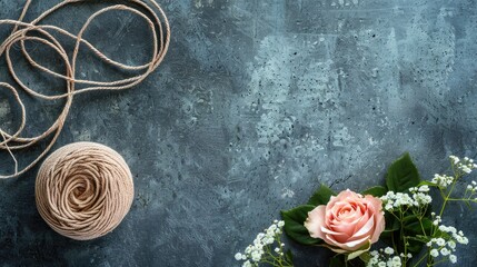 Wall Mural - Top view image showcasing macrame braiding with cotton threads and rose flower ideal for craft promotions with ample space for text