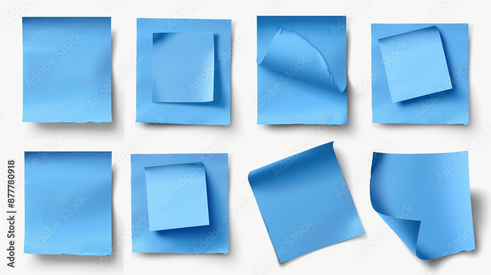 Experience a group of blue sticky post-it notes arranged dynamically on ...