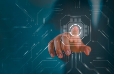 Leinwandbilder - Update software concept. Person touching program upgrade technology on virtual screen. Operating system upgrade, Improved functionality in the new version.