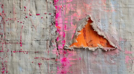 Poster - Texture of worn fabric with orange triangle hole and loose pink threads