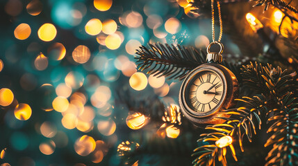 Wall Mural - christmas and new year background with vintage clock and bokeh lights