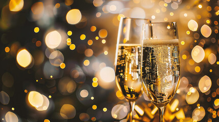 Wall Mural - glasses of champagne against holiday lights and fireworks - new year celebration