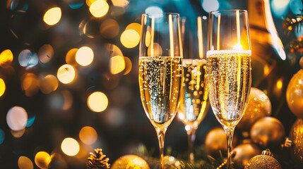 Wall Mural - glasses of champagne against holiday lights and fireworks - new year celebration