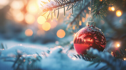 Wall Mural - christmas and new year background with christmas tree and bokeh lights