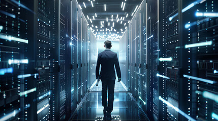 Poster - Businessman with virtual cyber security technology and online data protection for security of data storage used by global business network server to secure cyber information