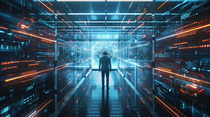 Poster - Businessman with virtual cyber security technology and online data protection for security of data storage used by global business network server to secure cyber information