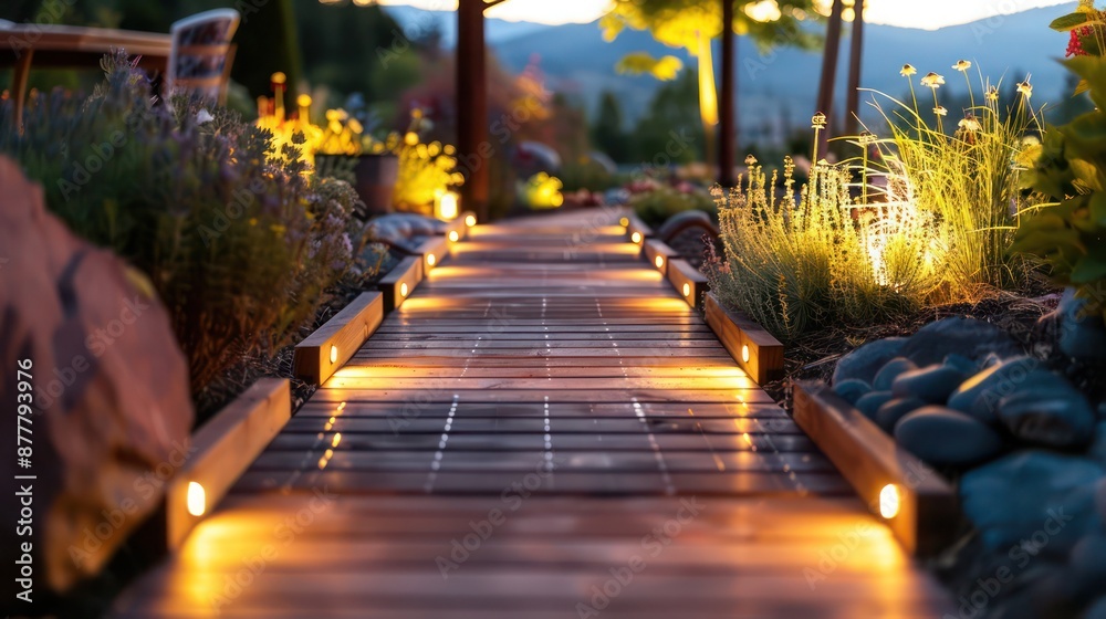 wooden Craftsman-style garden pathway with integrated solar lights ...