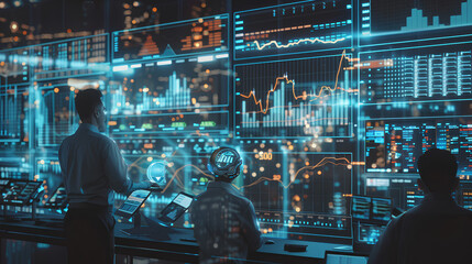 Poster - futuristic technology concept. team of artificial intelligence software engineers and finance worker