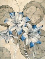 Poster - Three white lilies with blue accents are arranged against an abstract gray background with layered circular shapes