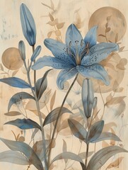 Poster - A watercolor painting of a blue lily with a stem and two buds, set against a tan background with translucent brown foliage